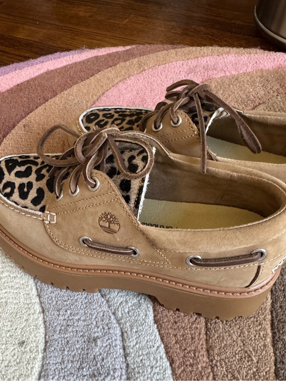Timberland Tan Suede Boat Shoes with Leopard Print Vamp size 7 - Picture 7 of 12
